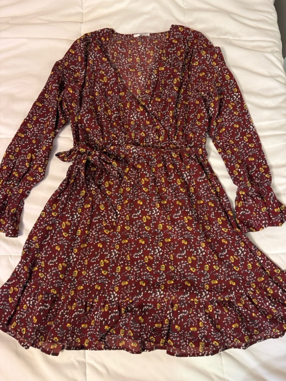 Women’s Burgundy Floral Wrap-Style Long Sleeve Dress with Tie Waist